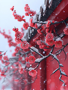 中国宫殿红墙上的冬日梅花图片