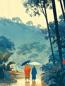 雨中共行的插画图片