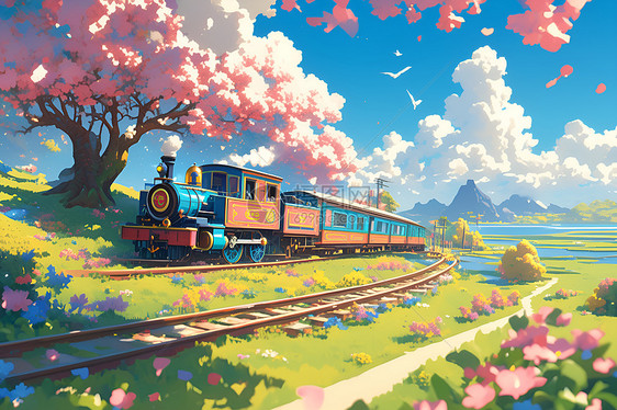 樱花树下的粉色列车图片