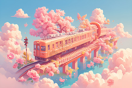 粉色火车穿越云彩图片