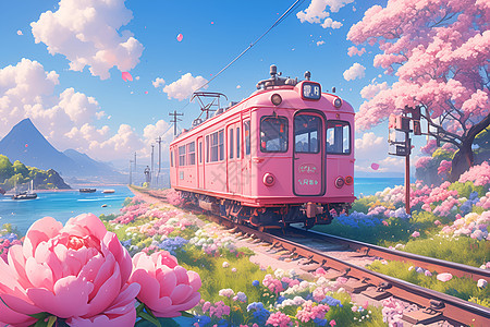 浪漫花海中的粉色火车图片