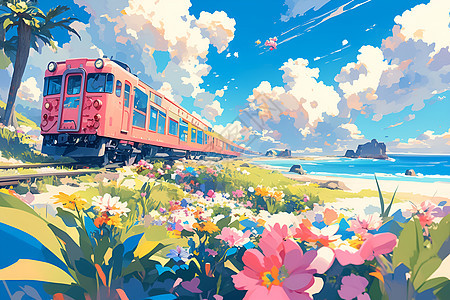 海边绽放的樱花列车图片