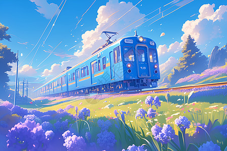 蓝色火车穿越繁花似锦的草地图片