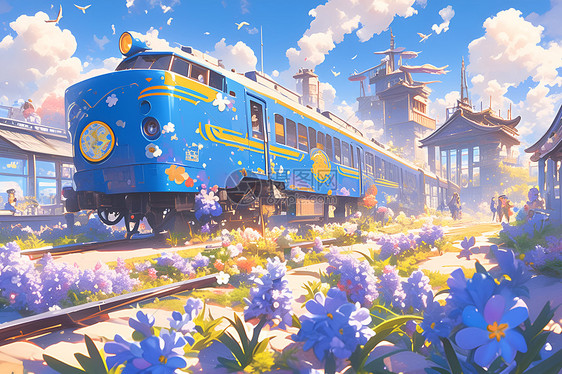 蓝色火车穿越花海图片