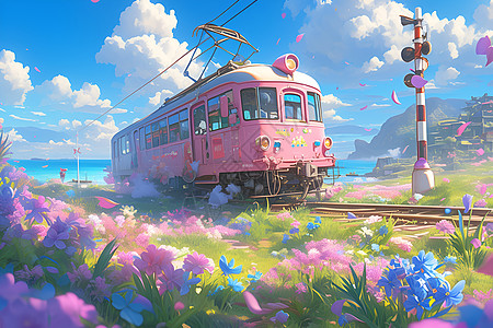 粉色促销粉色火车穿行在花海中插画