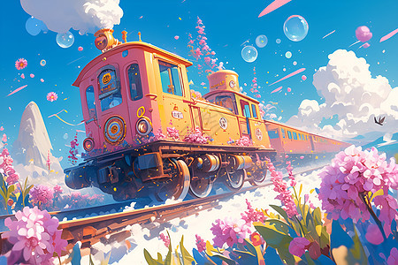 粉色火车穿越盛开的花海图片