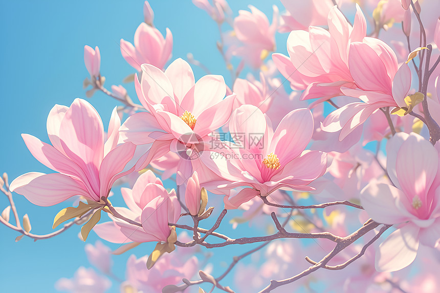 春天公园里盛开的粉色玉兰花图片