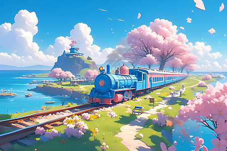 粉色的列车穿过樱花树图片