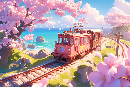 粉色火车穿越樱花树图片