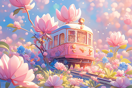 粉色火车穿越鲜花海洋图片