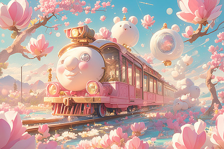 火车穿越粉色花丛图片