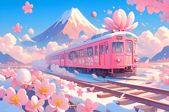 美丽粉色火车穿越鲜花图片