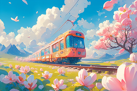 粉色火车穿行在满是花朵的郊外图片
