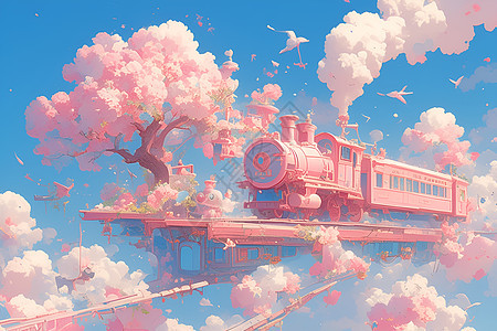 粉色列车穿过美景图片
