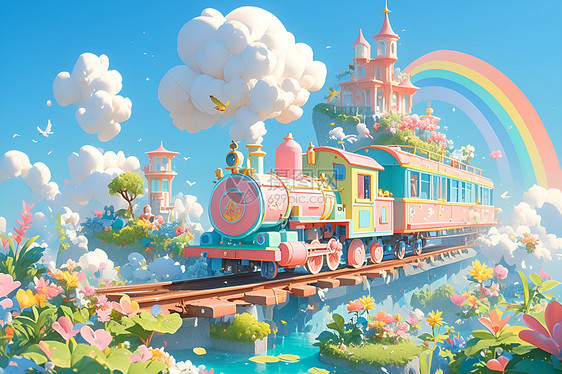 彩虹下的可爱列车图片