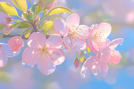 春日粉色花朵上的水滴高清图片