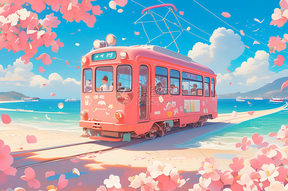 粉色小火车穿过唯美风景图片