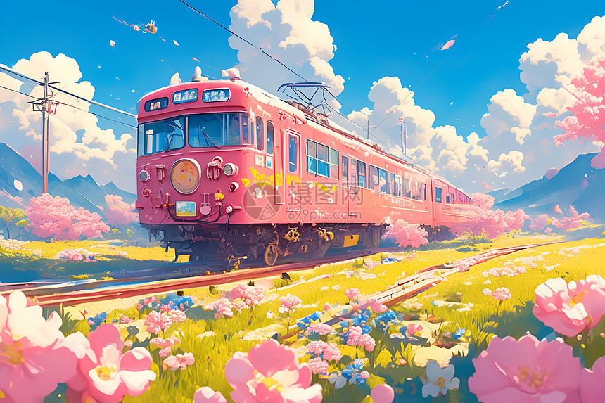 梦幻粉色列车行驶在春天里图片