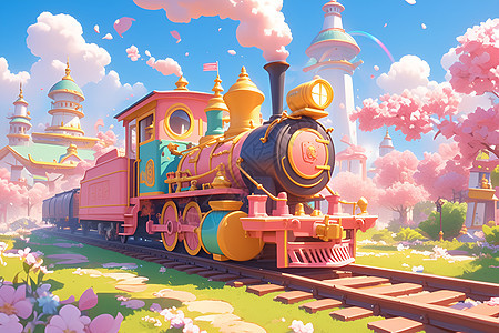 粉色列车驶过绿意盎然的乡间图片