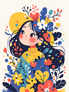 简洁背景花朵与叶子装点下的女孩插画