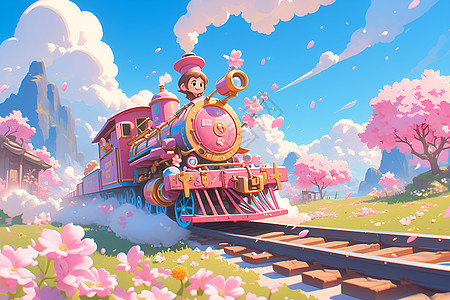 粉色火车穿过乡野美景图片