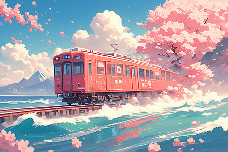 樱花林间的粉色小火车图片