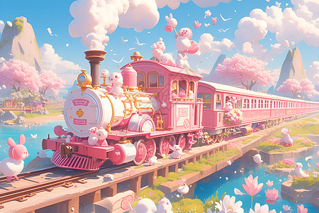火车穿越春日美景图片