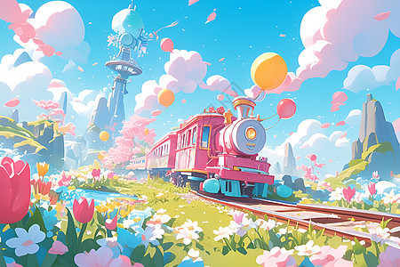 欢快的粉色火车穿过花海图片