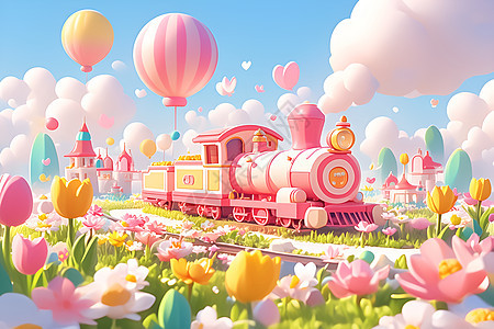 粉色火车穿行在鲜花背景中图片