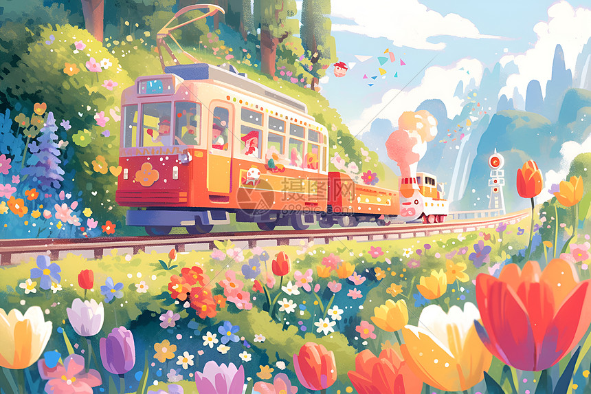 粉色火车穿过郁郁葱葱的乡村图片