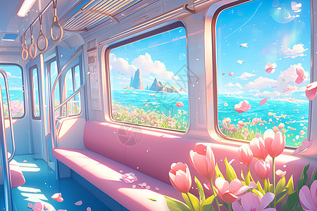 粉色火车上鲜花盛开图片