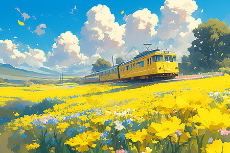 黄色列车穿越油菜花海图片