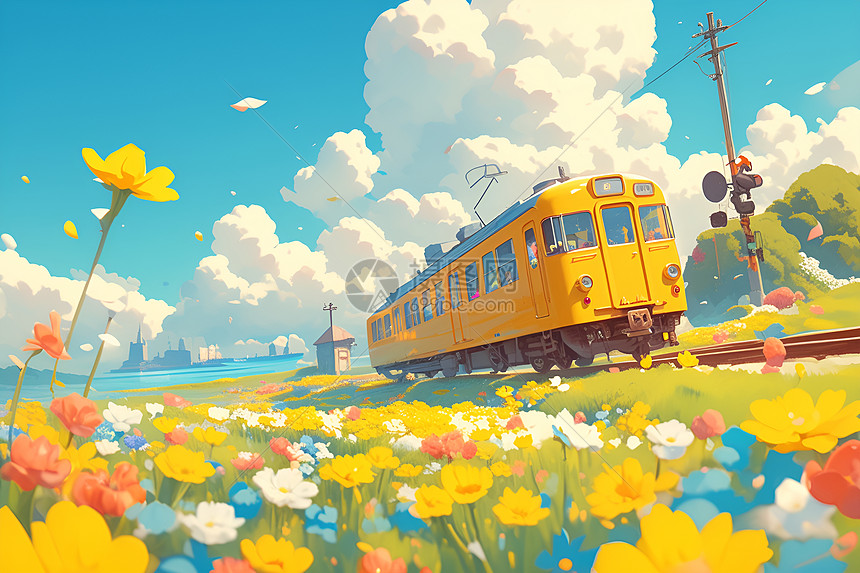 黄色火车穿行在鲜花图片