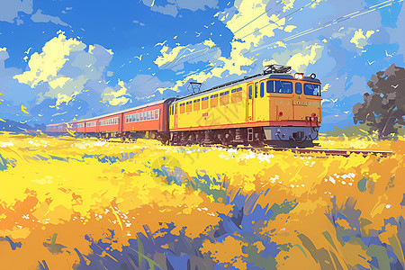 黄色火车穿越油菜花海图片