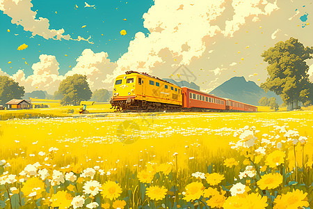黄色列车穿梭在油菜花田图片