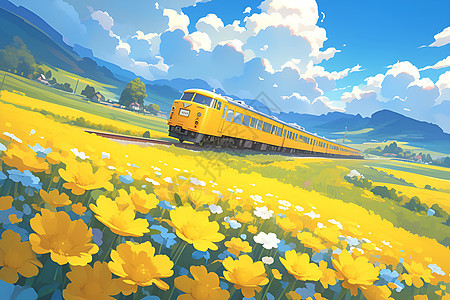 黄色火车穿越油菜花田图片