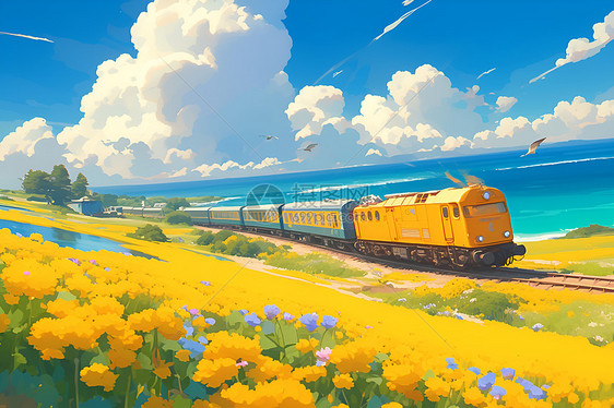 黄色火车在油菜花中穿梭图片