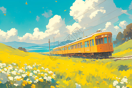 油菜花海中的火车图片