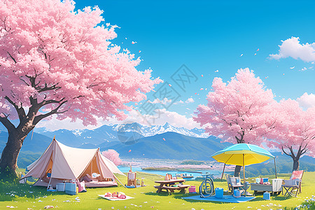 粉色樱花下的露营帐篷高清图片