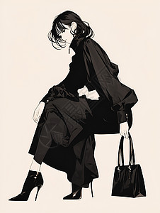 女子高跟黑鞋手持黑色手包素雅形象坐在凳子上背景为纯色肖像画哥特艺术图片