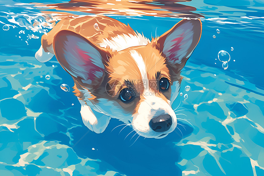 泳池游泳的可爱小狗图片