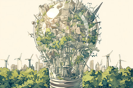 城市中的可持续能源灯泡插画图片