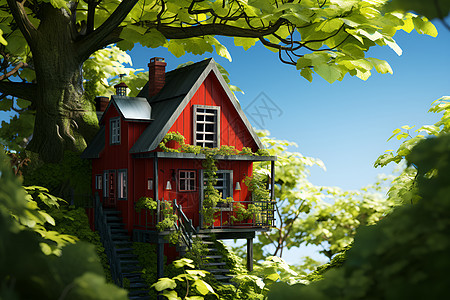 森林中的红房子图片