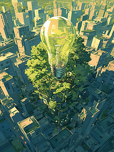 城市中一盏绿色能源灯泡图片