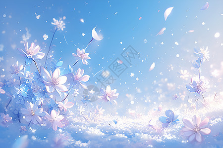 蓝天下飞舞的花瓣图片