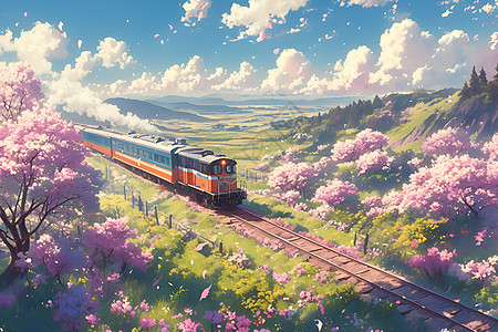 春日繁花中的火车图片