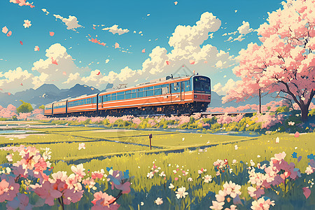 春日花海中行驶的列车图片