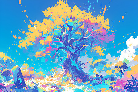 蓝天下七彩的树图片