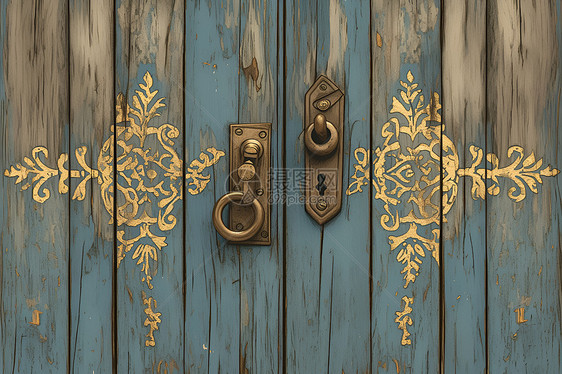 古色古香的木门与古董锁图片