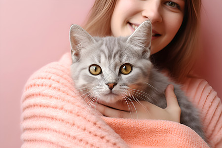 粉衣女孩抱着猫咪图片